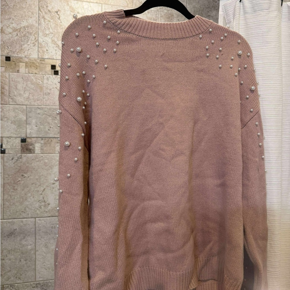 Elegant Pearl-Embellished Pink Sweater
